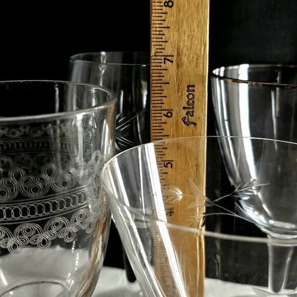 Mismatched Wine Cocktail Glasses set/4 vtg mixed silver rim etch glassware party - Picture 9 of 10